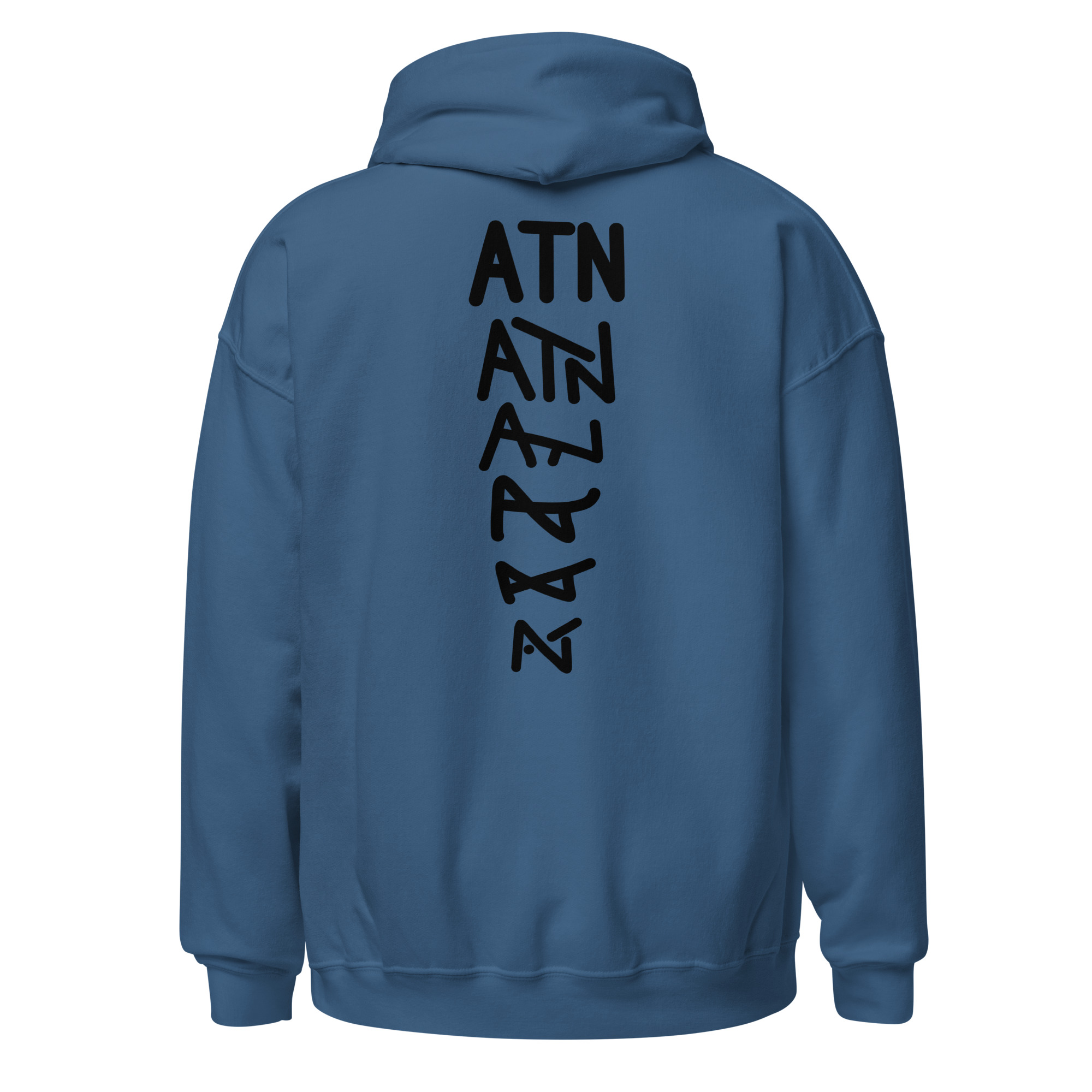 Indigo blue ATN Chain hoodie with vertical back artwork.