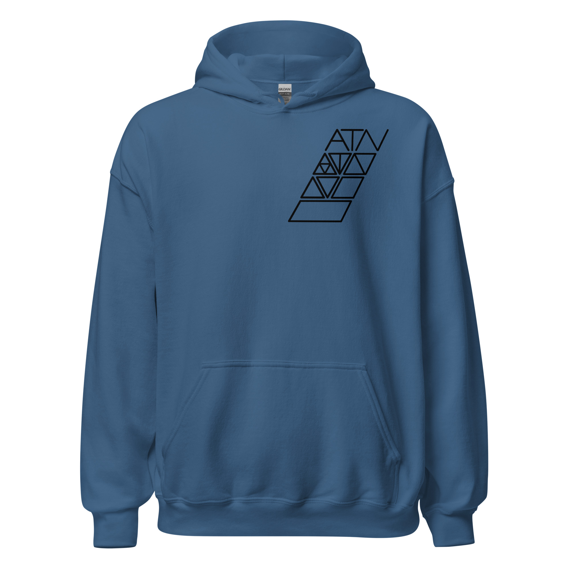 Indigo blue ATN Chain hoodie with front chest artwork.