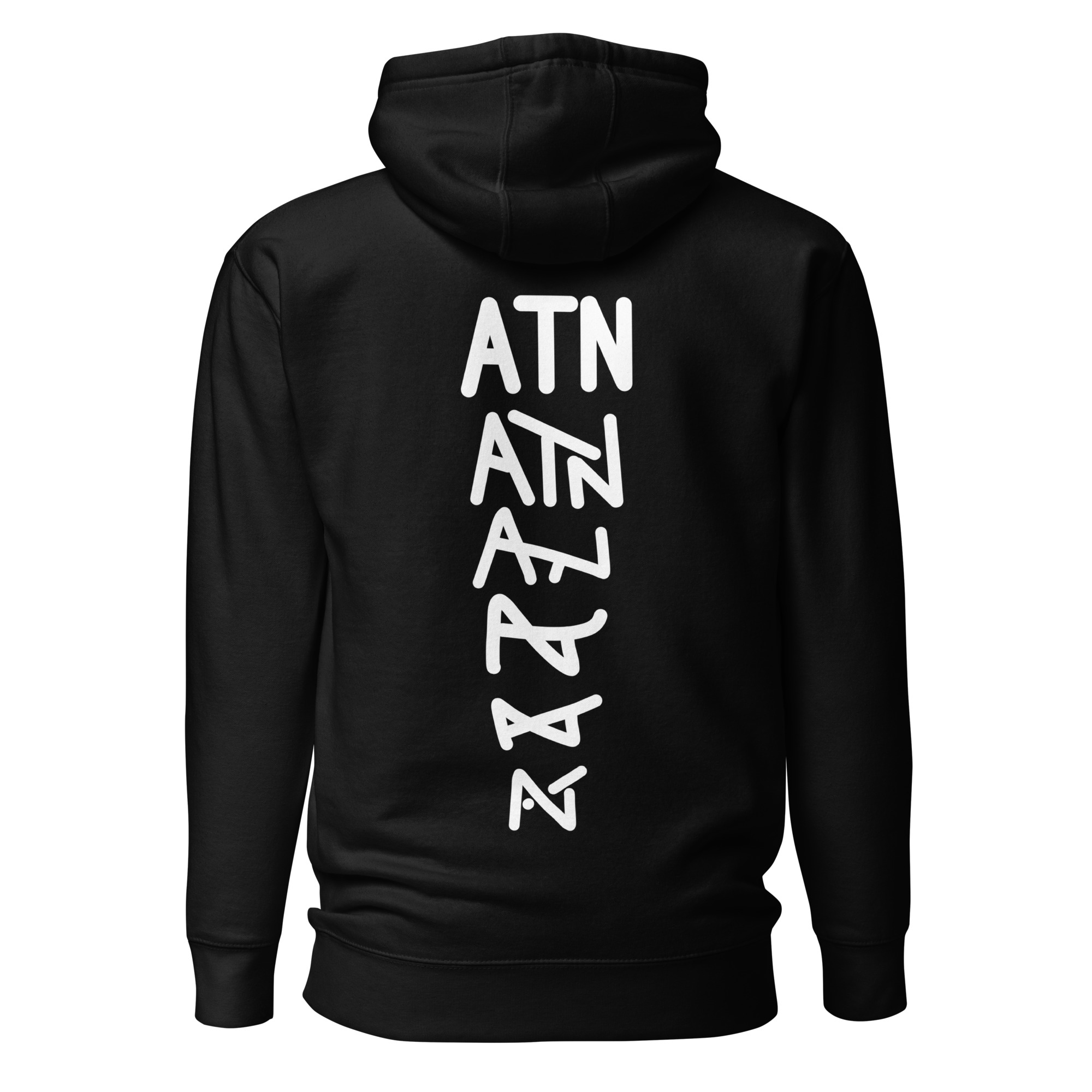 Black ATN Chain hoodie with white vertical back artwork.