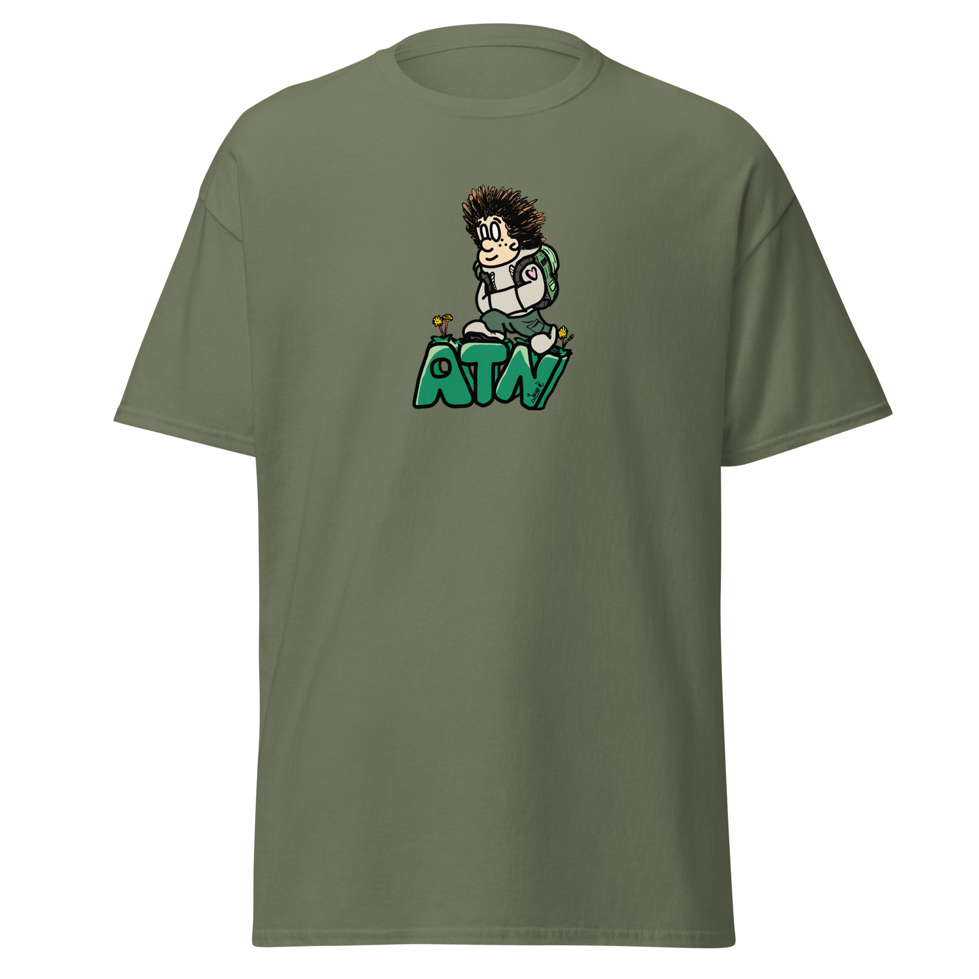 Military green Hystrix character shirt.