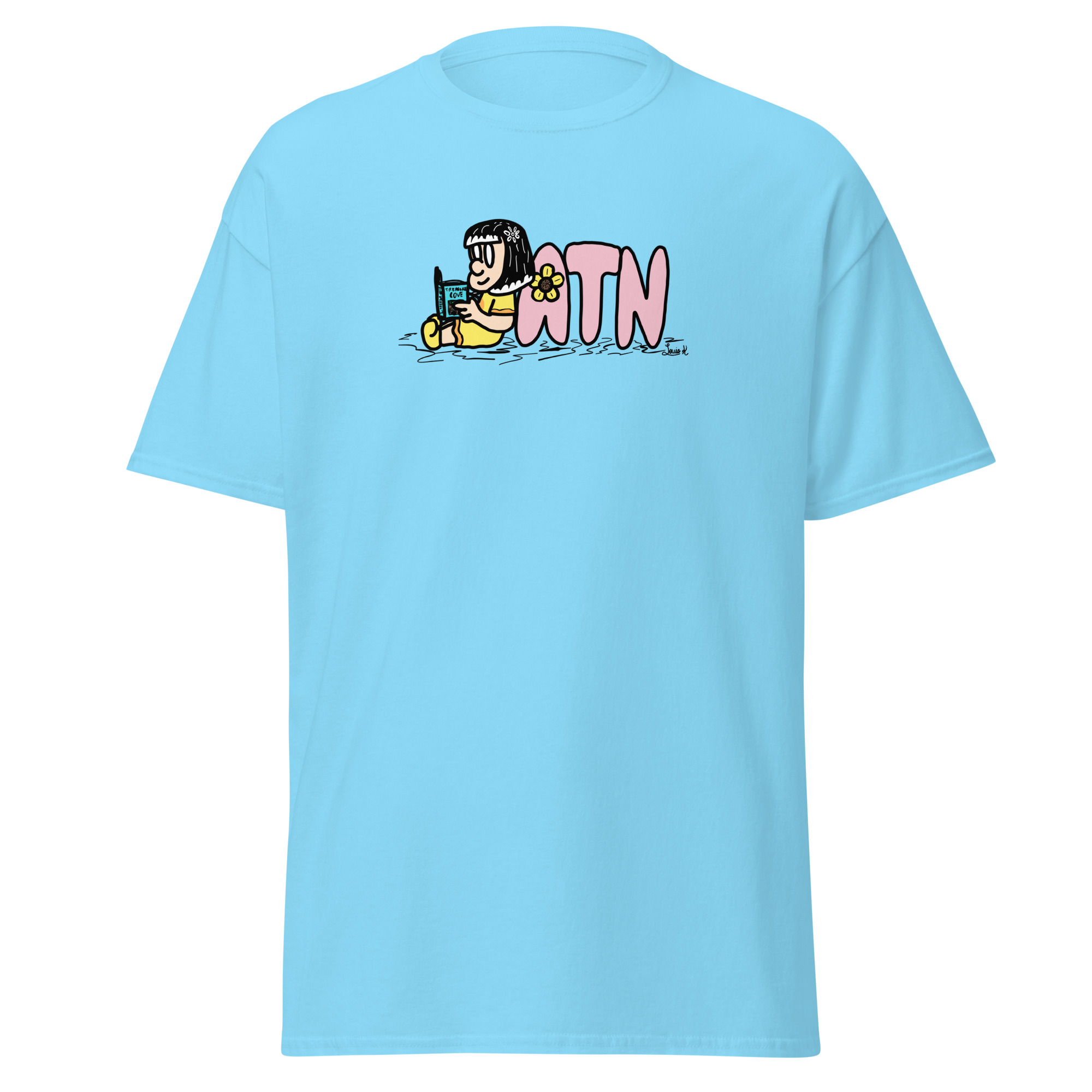 Sky blue Kiku character shirt.