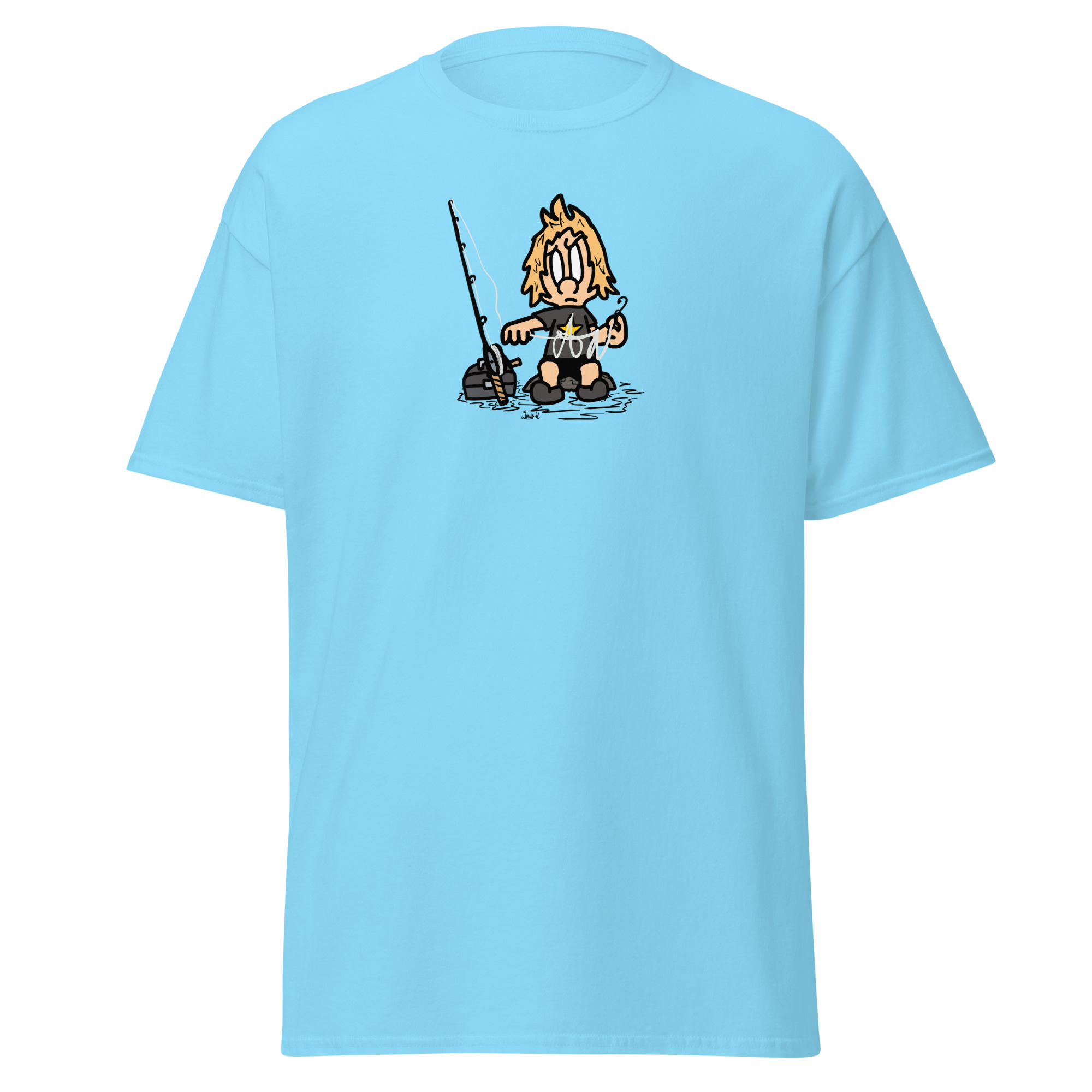 Sky blue Mikey character shirt.
