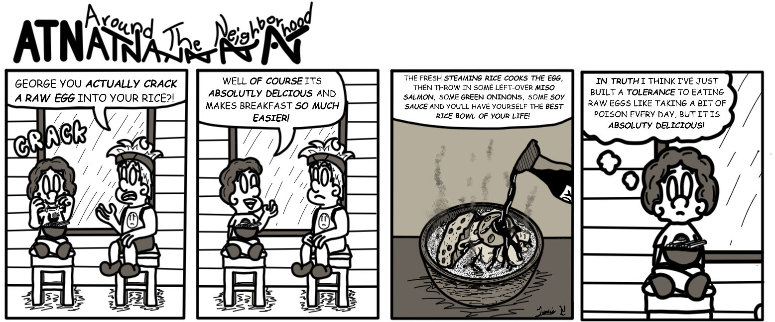 Around the Neighborhood comic panel with food-centered artwork.