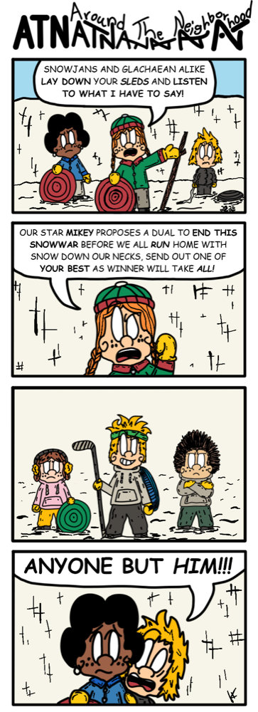 Around the Neighborhood winter comic page featuring a snow duel.