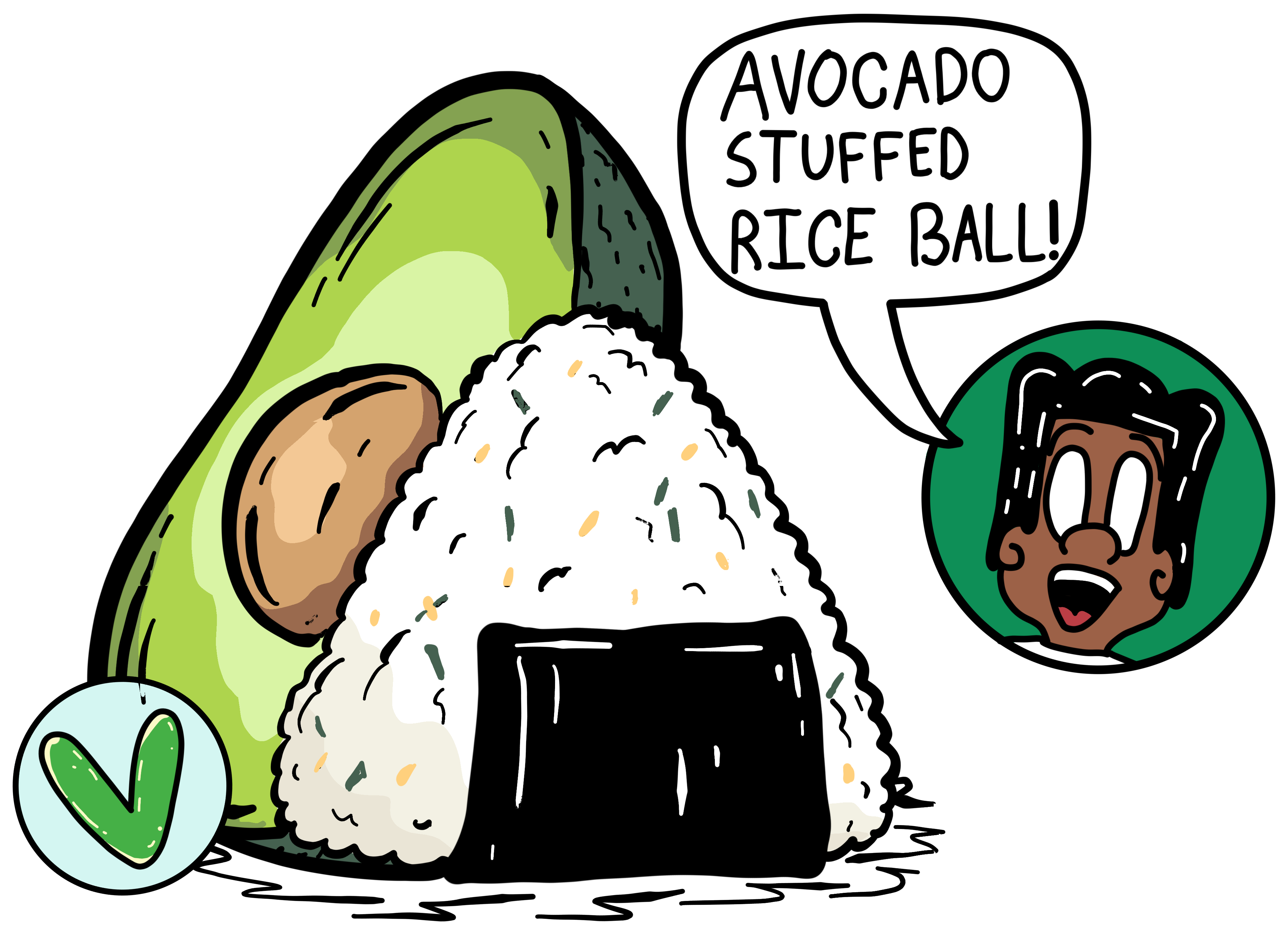 Illustrated avocado onigiri character.